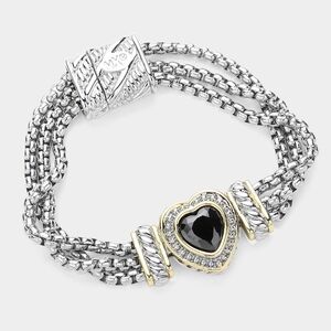 Black Two Tone CZ Heart Pendant Magnetic Chain Bracelet Bangle Silver Gold